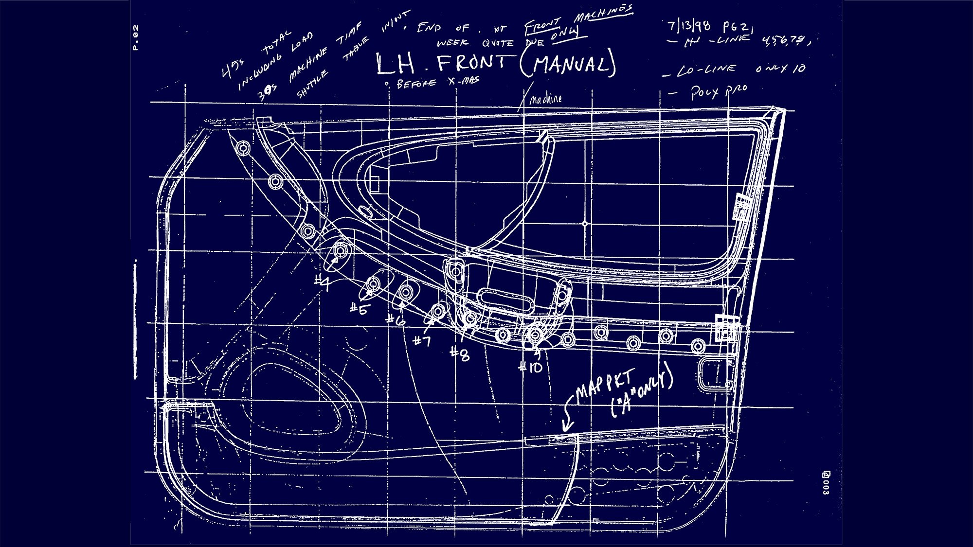 2D drawing of door panel with handwritten notes and recommendations for staking design